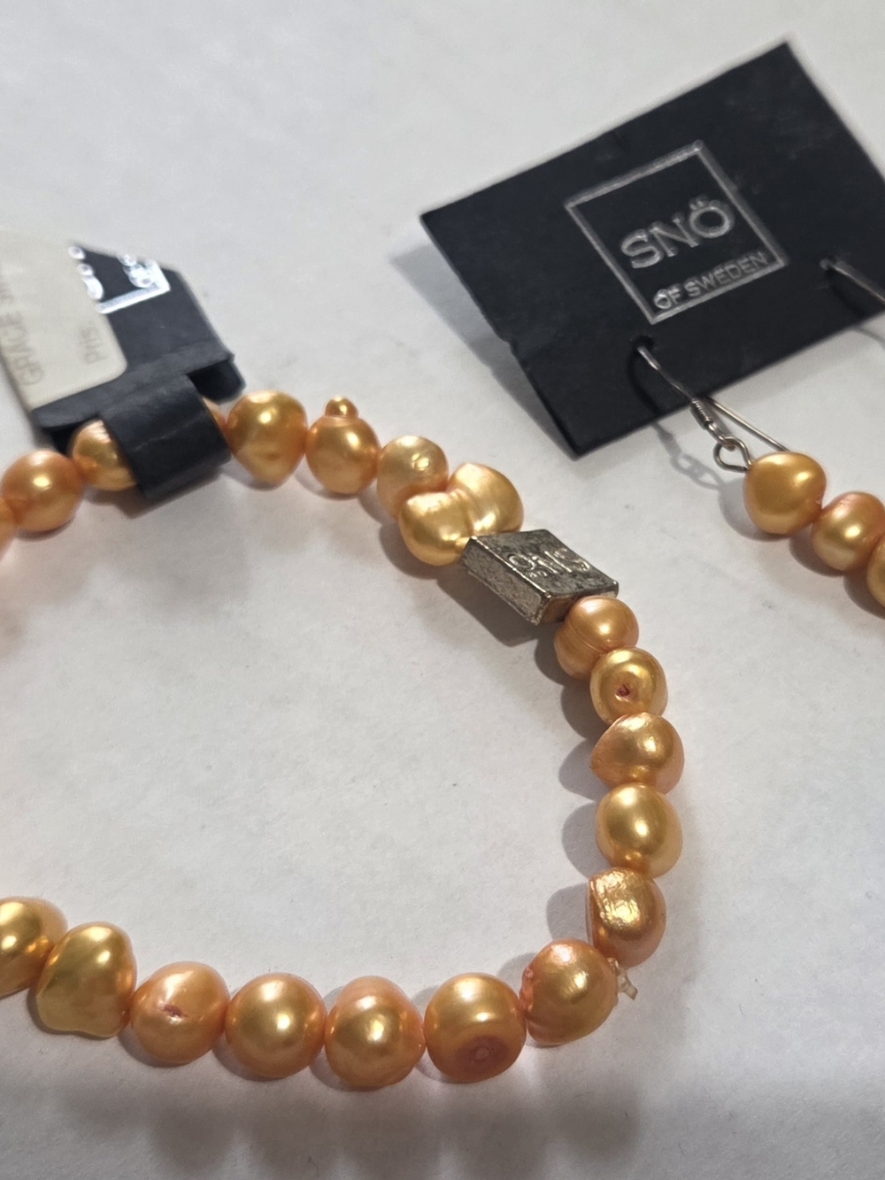 Orange Pearls Earrings & Bracelet Set by SNO OF SWEDEN